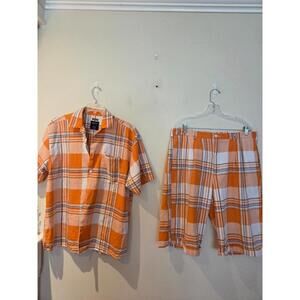 Trust Men's Orange,White and Black Shirt and Linen Short Set